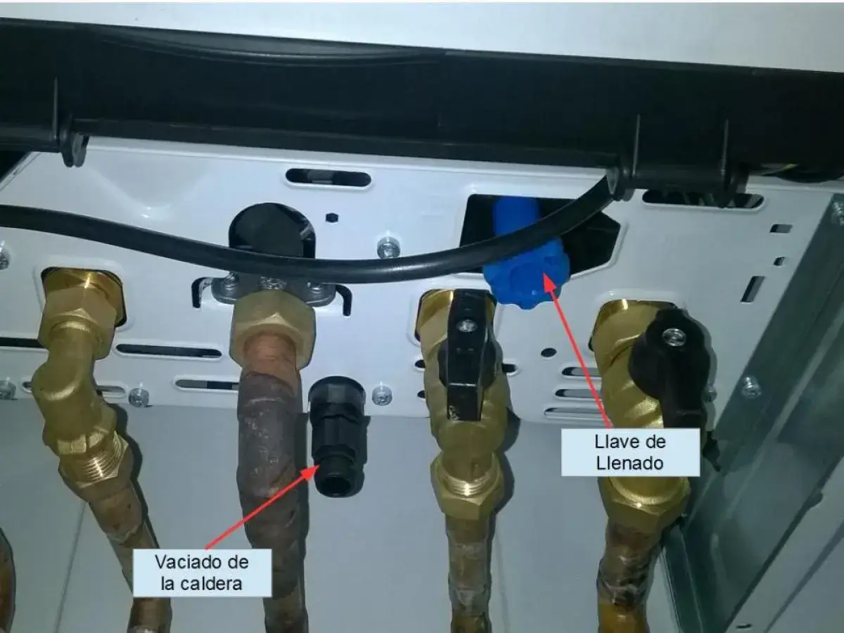 Conexiones de caldera: llave de llenado azul y vaciado negro. Presión caldera por debajo de 1 bar.