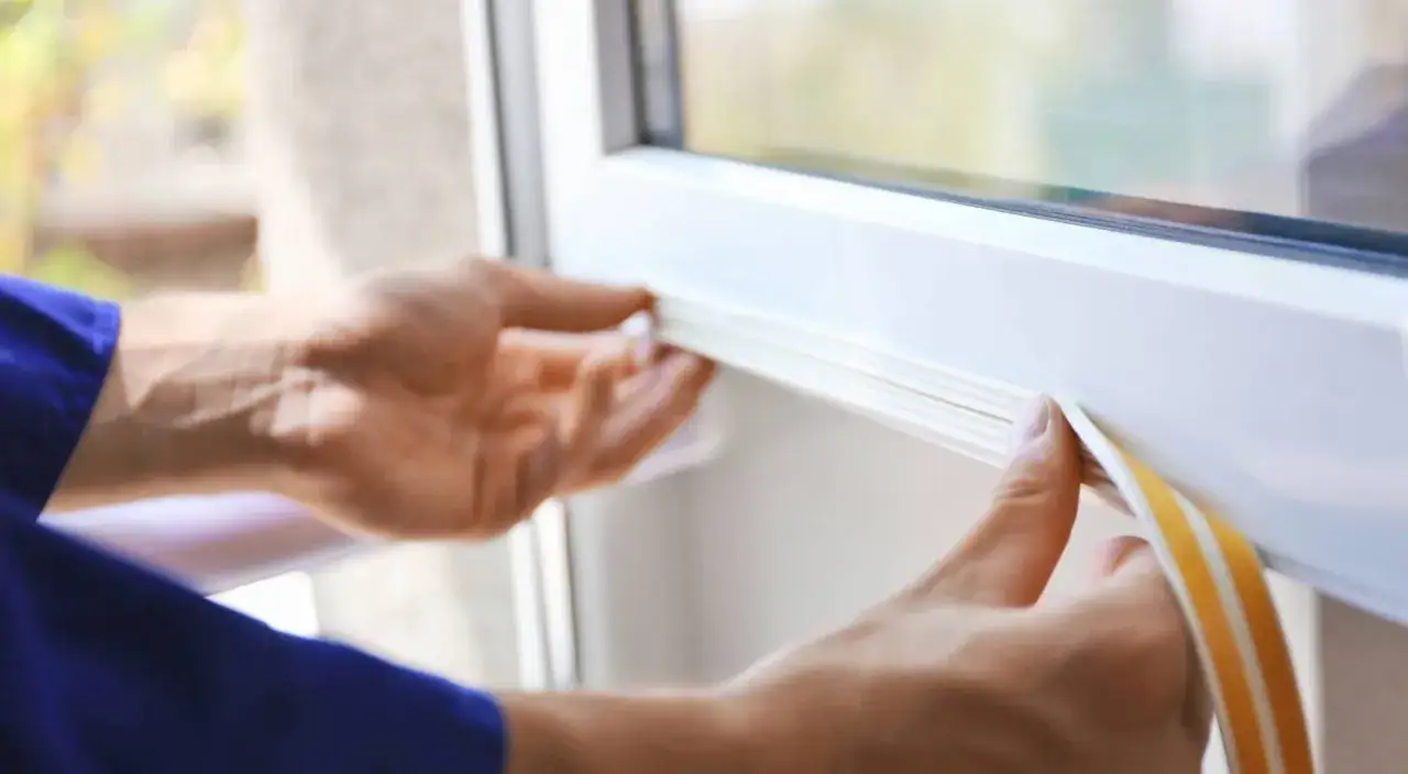Manos colocando burletes autoadhesivos en el marco de una ventana blanca. Aprende como poner burletes en ventanas para aislar tu hogar.