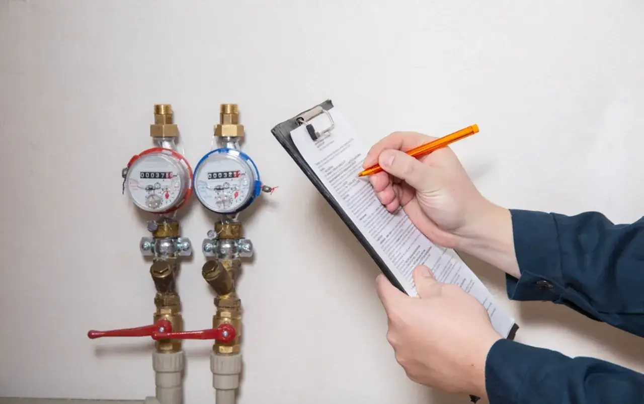 Técnico anota datos en una libreta para dar de alta el agua por primera vez. Dos contadores de agua y llaves rojas visibles.