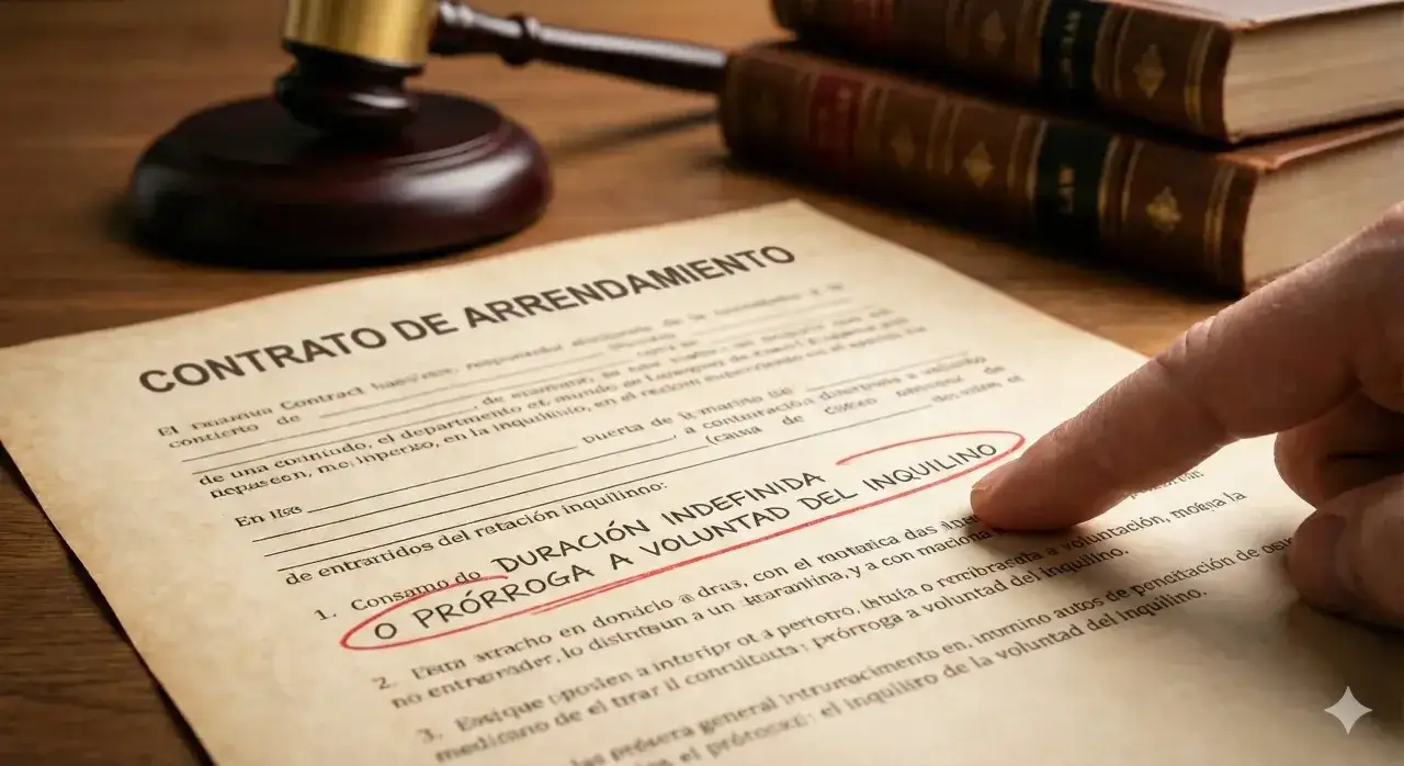 Contrato de arrendamiento con mazo de juez y libros de derecho. Se destaca la cláusula