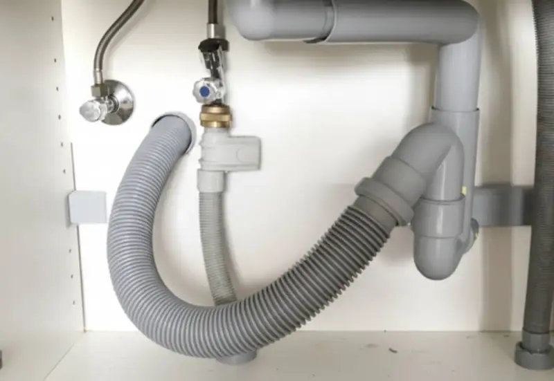 El fregadero pierde agua por abajo. Tuberías grises y mangueras flexibles bajo el lavabo, con una fuga visible.
